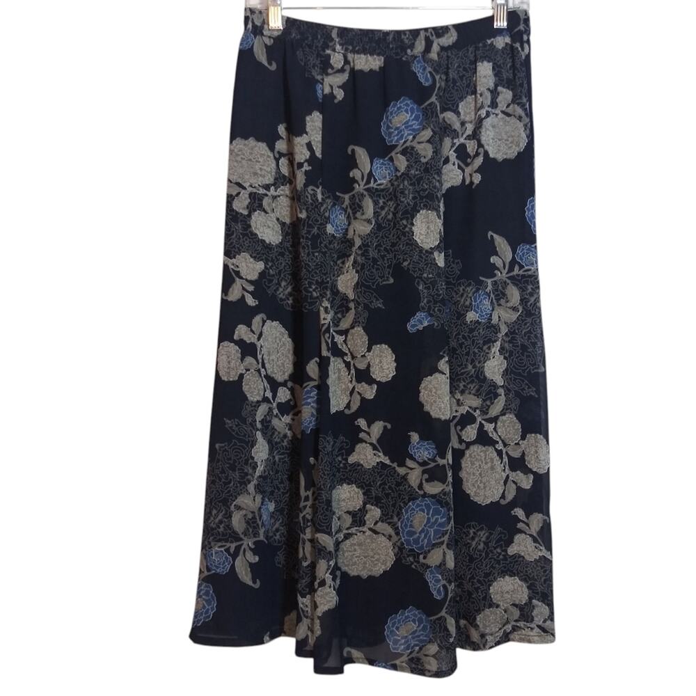 Serengeti Dark Romantic Blue Floral Chiffon Midi Skirt Pull On Waist Sz Small